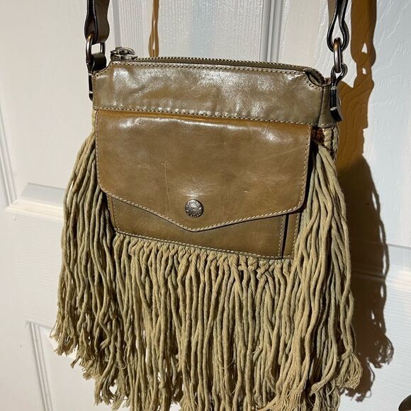 Ghurka made in Italy leather & textile Khaki woven & fringe small crossbody bag - Picture 4 of 16